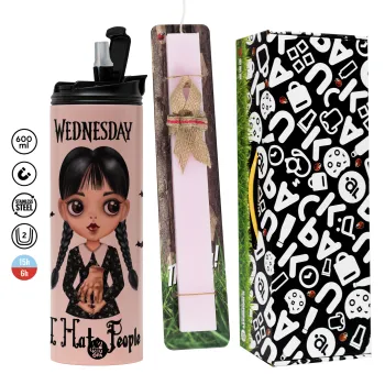 Wednesday Adams, i hate people, Πασχαλινή Λαμπάδα με  ΡΟΖ Travel Tumbler θερμό (600ml, BPA free) & κερί αρωματικό πλακέ (30cm) (ΡΟΖ)