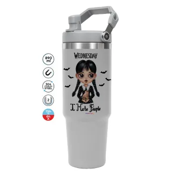 Wednesday Adams, i hate people, GREY color, 890ml (30oz) stainless Steel Tumbler with Handle