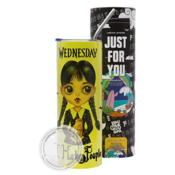 Wednesday Adams, i hate people, Neon Yellow Travel Tumbler θερμό, μεταλλικό καλαμάκι(Ανωξείδωτο 304 Food grade, BPA free, 600ml)