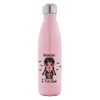 Wednesday Adams, i hate people, Metal mug thermos Pink Iridiscent (Stainless steel), double wall, 500ml