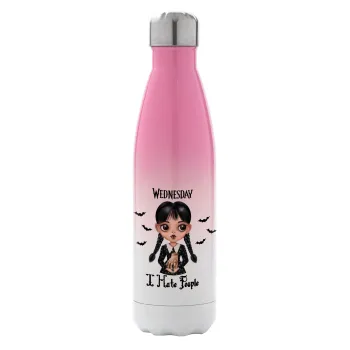 Wednesday Adams, i hate people, Metal mug thermos Pink/White (Stainless steel), double wall, 500ml