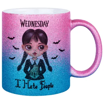 Wednesday Adams, i hate people, Κούπα Χρυσή/Μπλε Glitter, κεραμική, 330ml