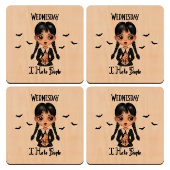 Wednesday Adams, i hate people, ΣΕΤ x4 Σουβέρ ξύλινα τετράγωνα plywood (9cm)