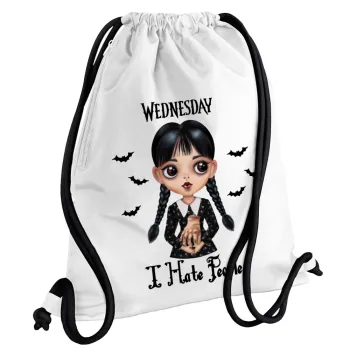 Wednesday Adams, i hate people, Τσάντα πλάτης πουγκί GYMBAG λευκή, με τσέπη (40x48cm) & χονδρά κορδόνια