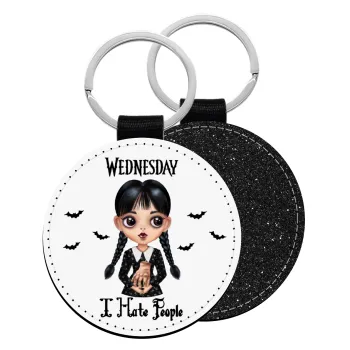 Wednesday Adams, i hate people, Μπρελόκ Δερματίνη, στρογγυλό ΜΑΥΡΟ (5cm)