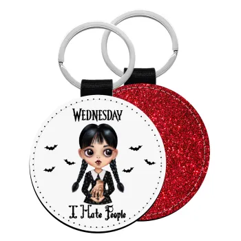 Wednesday Adams, i hate people, Μπρελόκ Δερματίνη, στρογγυλό ΚΟΚΚΙΝΟ (5cm)