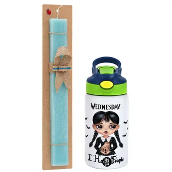 Wednesday Adams, i hate people, Easter Set, Children's thermal stainless steel bottle with safety straw, green/blue (350ml) & aromatic flat Easter candle (30cm) (TURQUOISE)