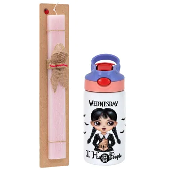 Wednesday Adams, i hate people, Πασχαλινή Λαμπάδα με Παιδικό παγούρι θερμό, ανοξείδωτο, με καλαμάκι ασφαλείας, ροζ/μωβ (350ml) & κερί αρωματικό πλακέ (30cm) (ΡΟΖ)