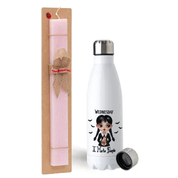 Wednesday Adams, i hate people, Easter Set, metallic stainless steel water bottle (750ml) & scented flat Easter candle (30cm) (PINK)