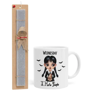 Wednesday Adams, i hate people, Πασχαλινή Λαμπάδα με Κούπα κεραμική (330ml) & κερί αρωματικό πλακέ (30cm) (ΓΚΡΙ)