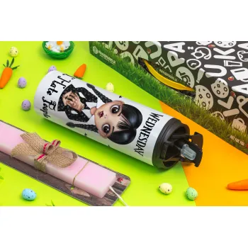 Wednesday Adams, i hate people, Πασχαλινή Λαμπάδα με Travel Tumbler θερμό με διπλό καπάκι (600ml, BPA free) & κερί αρωματικό πλακέ (30cm) (ΡΟΖ)