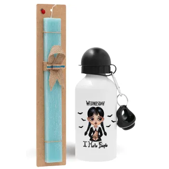 Wednesday Adams, i hate people, Easter Set, metallic aluminum water bottle (500ml) & scented flat candle (30cm) (TURQUOISE)