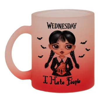 Wednesday Adams, i hate people, Κούπα γυάλινη δίχρωμη με βάση το κόκκινο ματ, 330ml