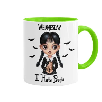 Wednesday Adams, i hate people, Mug colored light green, ceramic, 330ml
