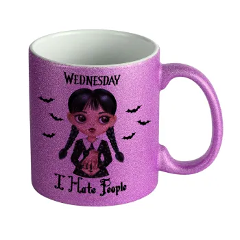 Wednesday Adams, i hate people, Κούπα Μωβ Glitter που γυαλίζει, κεραμική, 330ml