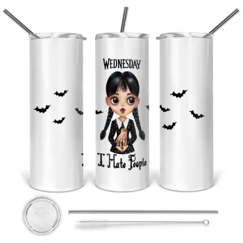 Wednesday Adams, i hate people, Tumbler ποτήρι θερμό από ανοξείδωτο ατσάλι 600ml, με μεταλλικό καλαμάκι & βούρτσα καθαρισμού