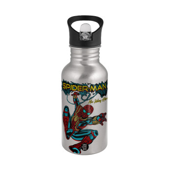 Spiderman no way home, Water bottle Silver with straw, stainless steel 500ml
