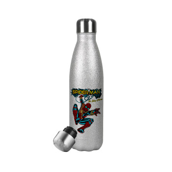 Spiderman no way home, Metallic Glitter Silver Thermos Flask (Stainless steel), double-walled, 500ml