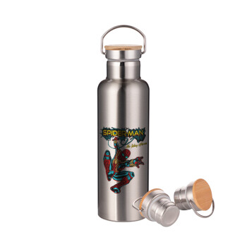 Spiderman no way home, Μεταλλικό παγούρι θερμός (Stainless steel) Ασημένιο με ξύλινο καπακι (bamboo), διπλού τοιχώματος, 750ml