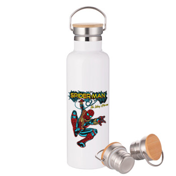 Spiderman no way home, Μεταλλικό παγούρι θερμός (Stainless steel) Λευκό με ξύλινο καπάκι (bamboo), διπλού τοιχώματος, 750ml