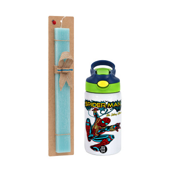 Spiderman no way home, Easter Set, Children's thermal stainless steel bottle with safety straw, green/blue (350ml) & aromatic flat Easter candle (30cm) (TURQUOISE)