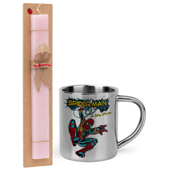 Spiderman no way home, Easter Set, metallic thermal cup (300ml) & aromatic flat Easter candle (30cm) (PINK)
