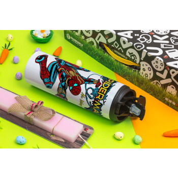 Spiderman no way home, Πασχαλινή Λαμπάδα με Travel Tumbler θερμό με διπλό καπάκι (600ml, BPA free) & κερί αρωματικό πλακέ (30cm) (ΡΟΖ)