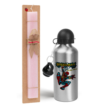 Spiderman no way home, Easter Set, metallic Silver aluminum water bottle (500ml) & scented flat Easter candle (30cm) (PINK)