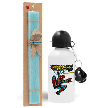 Spiderman no way home, Easter Set, metallic aluminum water bottle (500ml) & scented flat candle (30cm) (TURQUOISE)
