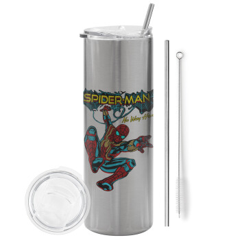 Spiderman no way home, Eco friendly stainless steel Silver tumbler 600ml, with metal straw & cleaning brush