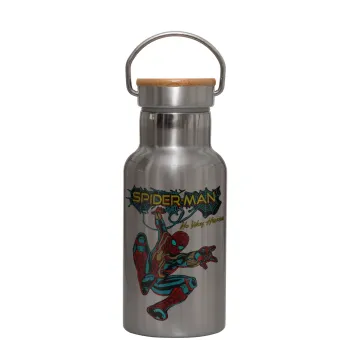 Spiderman no way home, Stainless steel metallic thermos flask, silver with a bamboo lid, double-walled, 350ml.