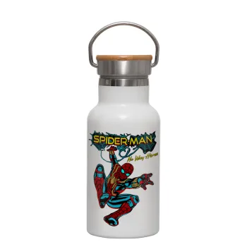 Spiderman no way home, Μεταλλικό παγούρι θερμός (Stainless steel) Λευκό με ξύλινο καπακι (bamboo), διπλού τοιχώματος, 350ml