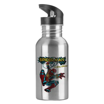 Spiderman no way home, Water bottle Silver with straw, stainless steel 600ml
