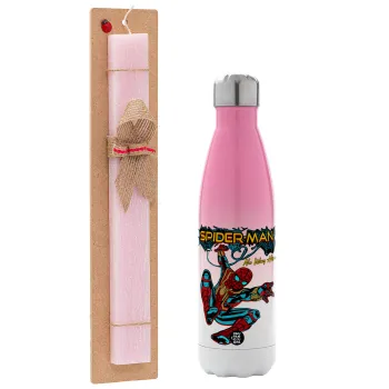 Spiderman no way home, Πασχαλινή Λαμπάδα με Μεταλλικό παγούρι θερμός Ροζ/Λευκό (Stainless steel), διπλού τοιχώματος, 500ml & κερί αρωματικό πλακέ (30cm) (ΡΟΖ)