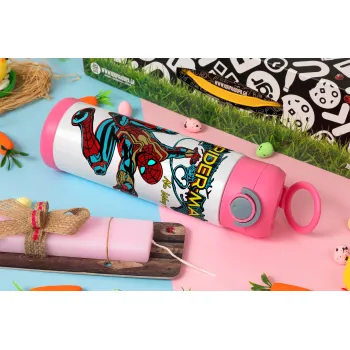 Spiderman no way home, Easter candle, Childrens hot water bottle, stainless steel, with safety straw, PINK (500ml)