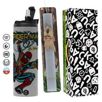 Spiderman no way home, Πασχαλινή Λαμπάδα με Travel Tumbler θερμό (600ml, BPA free) & κερί αρωματικό πλακέ (30cm) (ΓΚΡΙ)