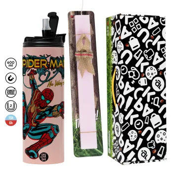 Spiderman no way home, Πασχαλινή Λαμπάδα με  ΡΟΖ Travel Tumbler θερμό (600ml, BPA free) & κερί αρωματικό πλακέ (30cm) (ΡΟΖ)