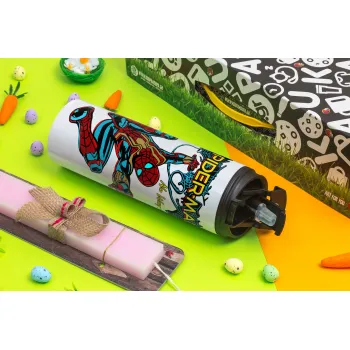 Spiderman no way home, Πασχαλινή Λαμπάδα με Travel Tumbler θερμό με διπλό καπάκι (600ml, BPA free) & κερί αρωματικό πλακέ (30cm) (ΡΟΖ)