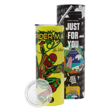 Spiderman no way home, Neon Yellow Travel Tumbler θερμό, μεταλλικό καλαμάκι(Ανωξείδωτο 304 Food grade, BPA free, 600ml)