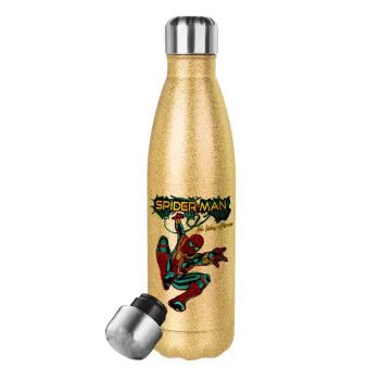 Spiderman no way home, Glitter gold stainless steel thermos bottle, double-walled, 500ml