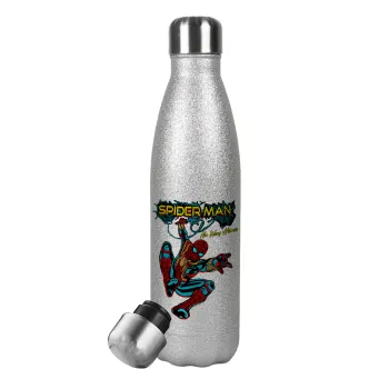 Spiderman no way home, Μεταλλικό παγούρι θερμός Glitter Aσημένιο (Stainless steel), διπλού τοιχώματος, 500ml