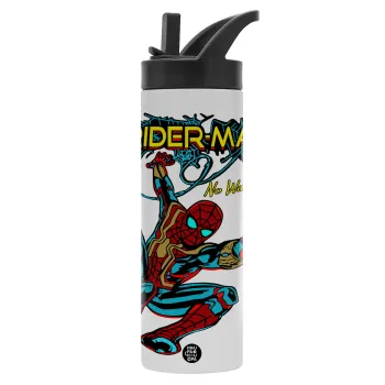 Spiderman no way home, Metallic thermos bottle with straw & handle, stainless steel (Stainless steel 304), double-walled, 600ml.