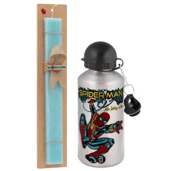 Spiderman no way home, Easter Set, metallic silver aluminum water bottle (500ml) & scented flat Easter candle (30cm) (TURQUOISE)