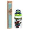 Easter Set, Children's thermal stainless steel bottle with safety straw, green/blue (350ml) & aromatic flat Easter candle (30cm) (TURQUOISE)