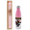 Easter Set, Metallic pink/white (Stainless steel) thermos, double-walled, 500ml & aromatic flat Easter candle (30cm) (PINK)