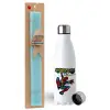 Easter Set, metallic stainless steel water bottle (750ml) & aromatic flat Easter candle (30cm) (TURQUOISE)