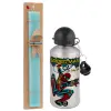 Easter Set, metallic silver aluminum water bottle (500ml) & scented flat Easter candle (30cm) (TURQUOISE)
