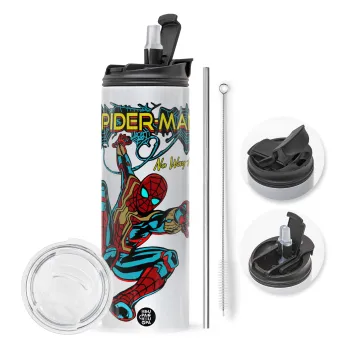 Spiderman no way home, Travel Tumbler θερμό με διπλό καπάκι, μεταλλικό καλαμάκι και βούρτσα καθαρισμού (Ανωξείδωτο 304 Food grade, BPA free, 600ml)