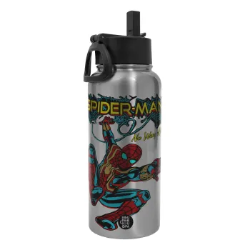 Spiderman no way home, Μεταλλικό παγούρι θερμός Silver με καλαμάκι και χερούλι (Stainless steel), διπλού τοιχώματος, 950ml