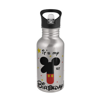 Disney look (Number) Birthday, Water bottle Silver with straw, stainless steel 500ml